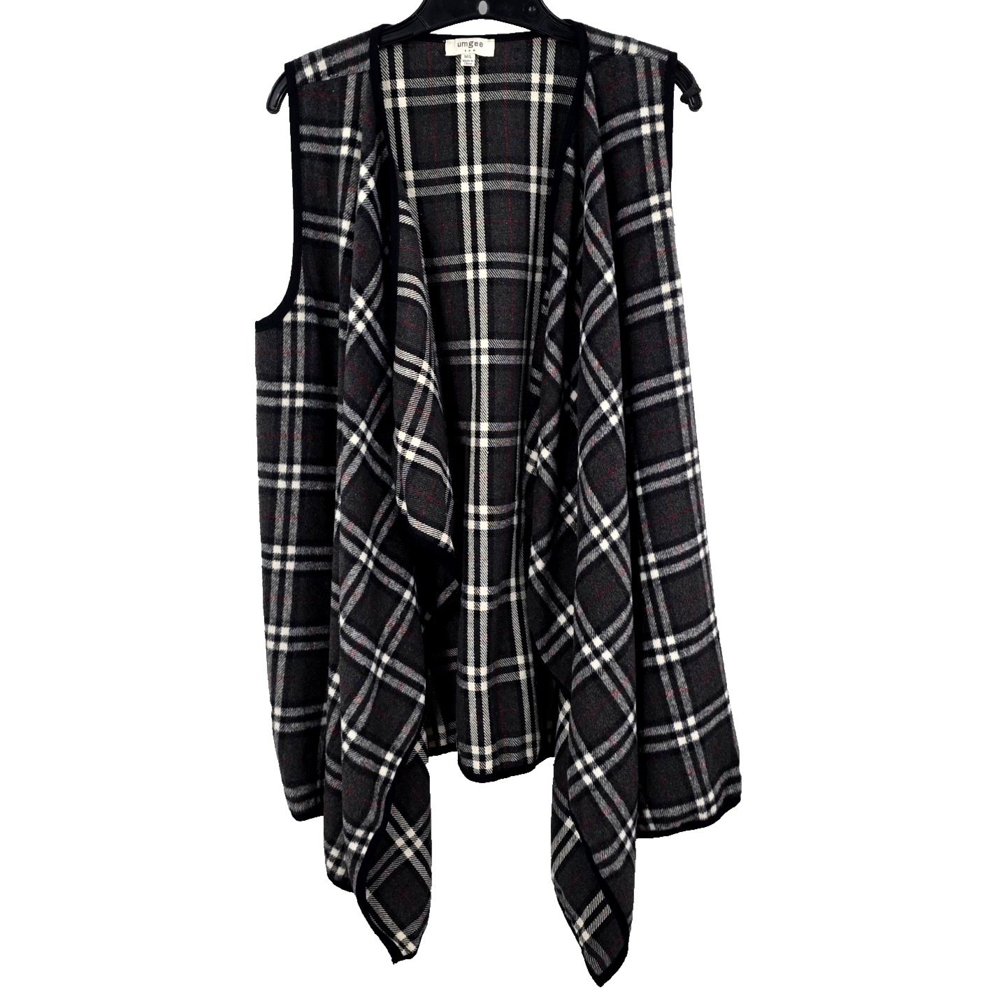 Umgee Black Gray Plaid Vest M/L Open Front Flowy Cascading Nwot